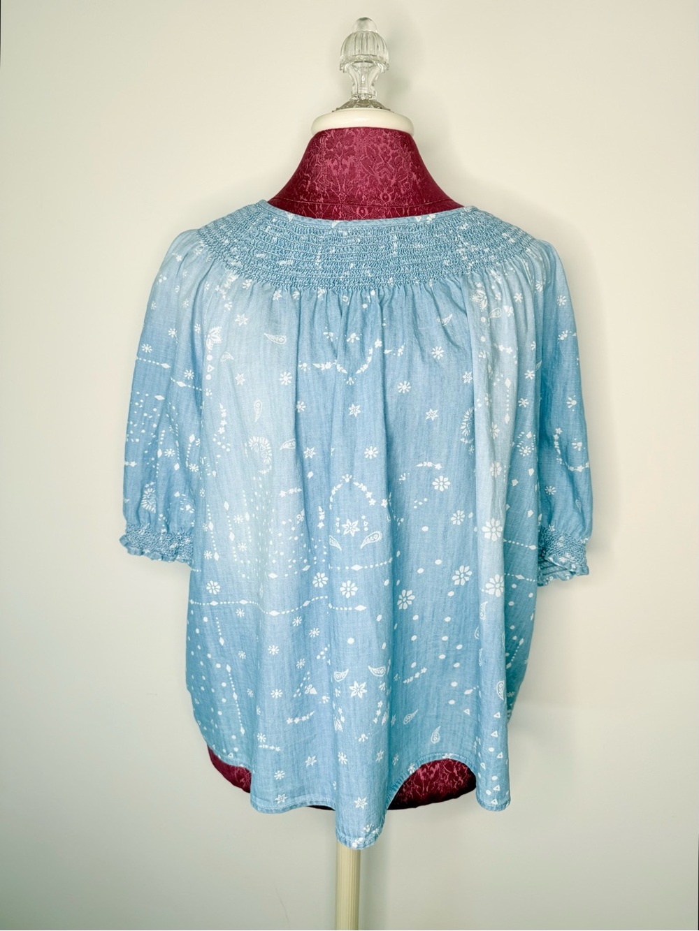 Sonoma 100% Cotton Light Blue Denim Paisley Smocked Peasant Top 2X